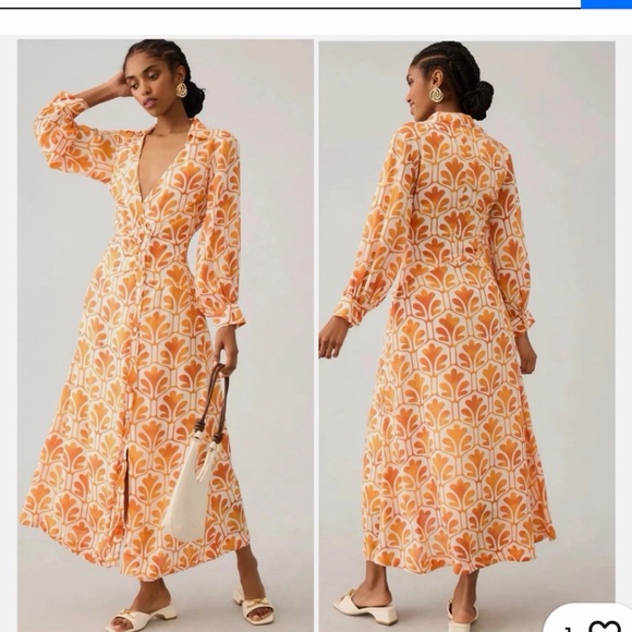 Anthropologie Dresses & Skirts - Anthropologie Orange and Cream Floral-Print Long Sleeve Maxi Dress